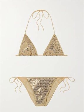 NWT Oseree Gold Disco Sequin Triangle Micro Bikini Swimsuit Set